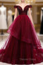 Dark Burgundy Tulle Off the Shoulder Beading prom Dresses