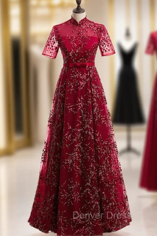 Dark Burgundy Tulle Sequins High Neck Short Sleeve Prom Dresses