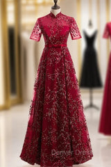 Dark Burgundy Tulle Sequins High Neck Short Sleeve Prom Dresses