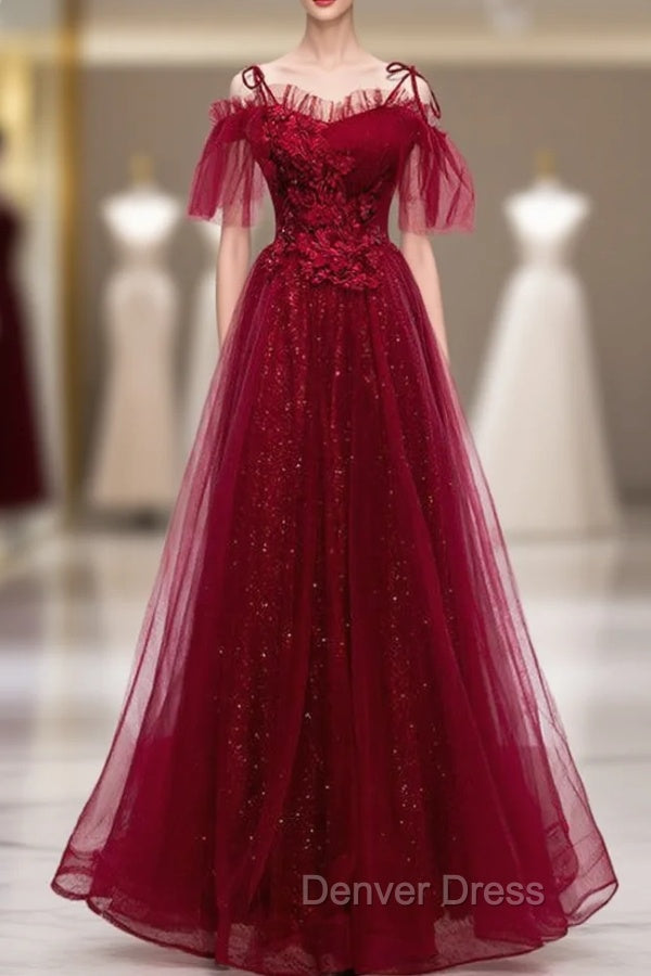Dark Burgundy Tulle Spaghetti Straps Appliques Beading Prom Dresses