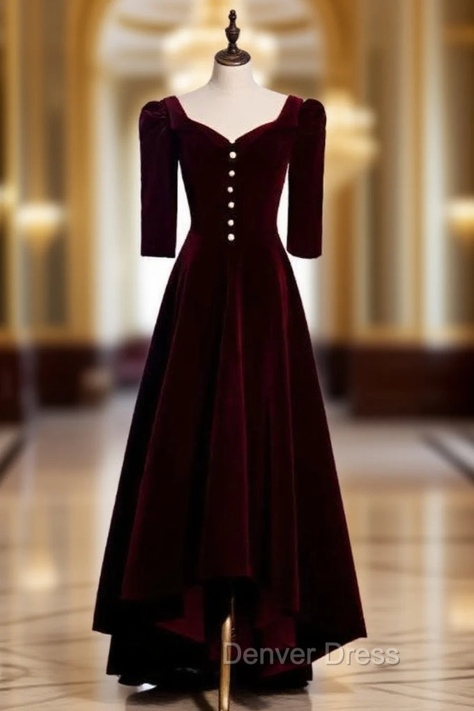 Dark Burgundy Velvet Short Sleeve Prom Dresses