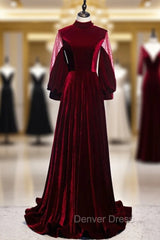 Dark Burgundy Velvet High Neck Long Sleeve Prom Dresses With Bow