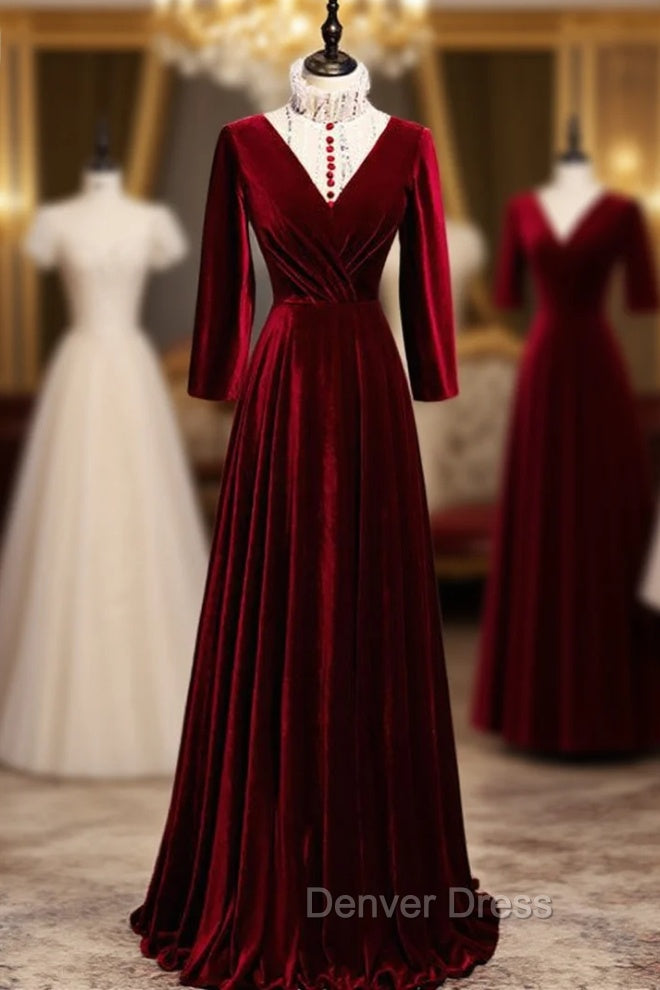 Dark Burgundy Velvet High Neck Long Sleeve Prom Dresses