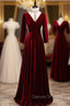 Dark Burgundy Velvet High Neck Long Sleeve Prom Dresses