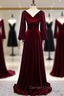 Dark Burgundy Velvet Long Sleeve V Neck Pleats Prom Dresses