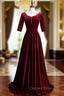 Dark Burgundy Velvet Short Sleeve Prom Dresses With Pearls