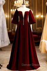 Dark Burgundy Velvet Short Sleeve See Through V-neck Prom Dresses