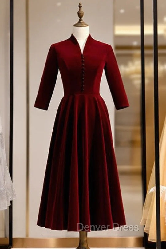 Dark Burgundy Velvet Short Sleeve Short Prom Dresses With Bow