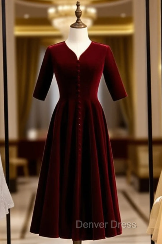Dark Burgundy Velvet Short Sleeve Short Prom Dresses