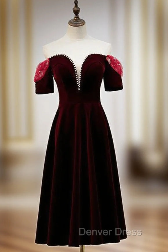 Dark Burgundy Velvet Short Sleeve Tea Length Prom Dresses