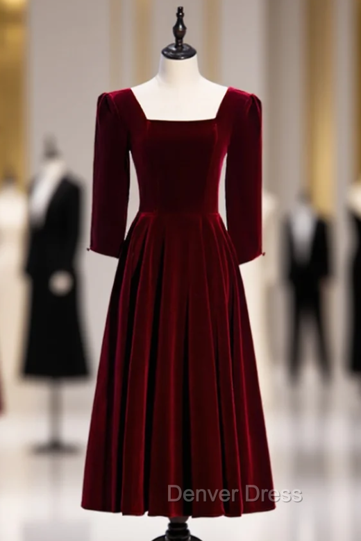 Dark Burgundy Velvet Square Half Sleeve Tea Length Prom Dresses