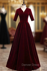 Dark Burgundy Velvet V-neck Short Sleeve Prom Dresses