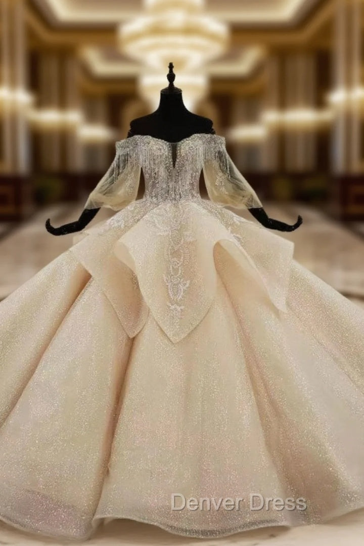 Dark Champagne Tulle Off the Shoulder Puff Sleeve Beading Wedding Dresses