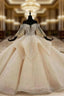 Dark Champagne Tulle Off the Shoulder Puff Sleeve Beading Wedding Dresses