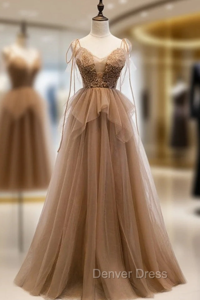 Dark Champagne Tulle Spagehtti Straps Beading Prom Dresses