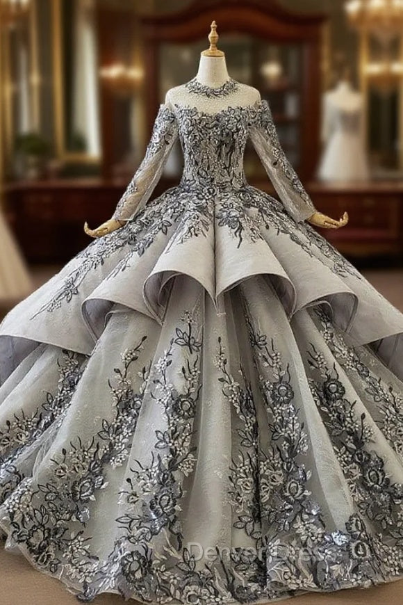 Dark Gray Ball Gowns Tulle Embroidery Appliques Long Sleeve Wedding Dresses Main image