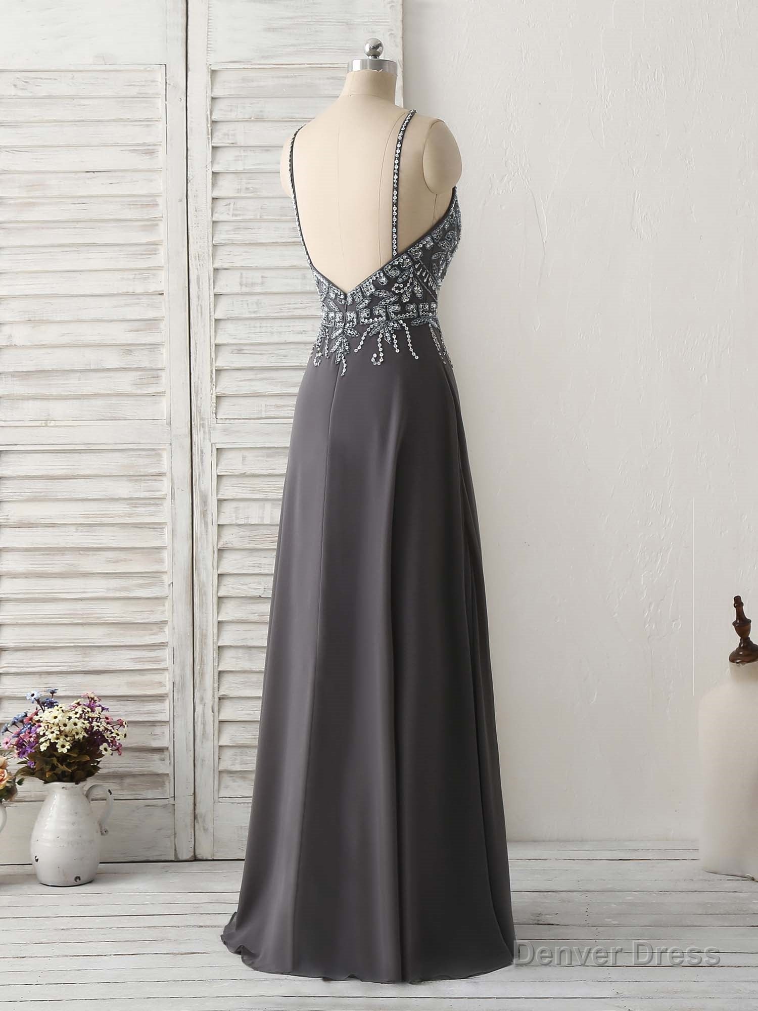 Dark Gray Sequin Beads Long Prom Dress Backless Evening Dress