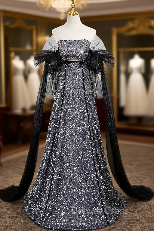 Dark Gray Sequins Strapless Prom Dresses