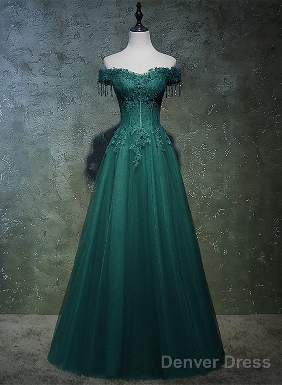 Dark Green A-Line Beaded Long Party Dress, Sweetheart Tulle Green Prom Dress Main image