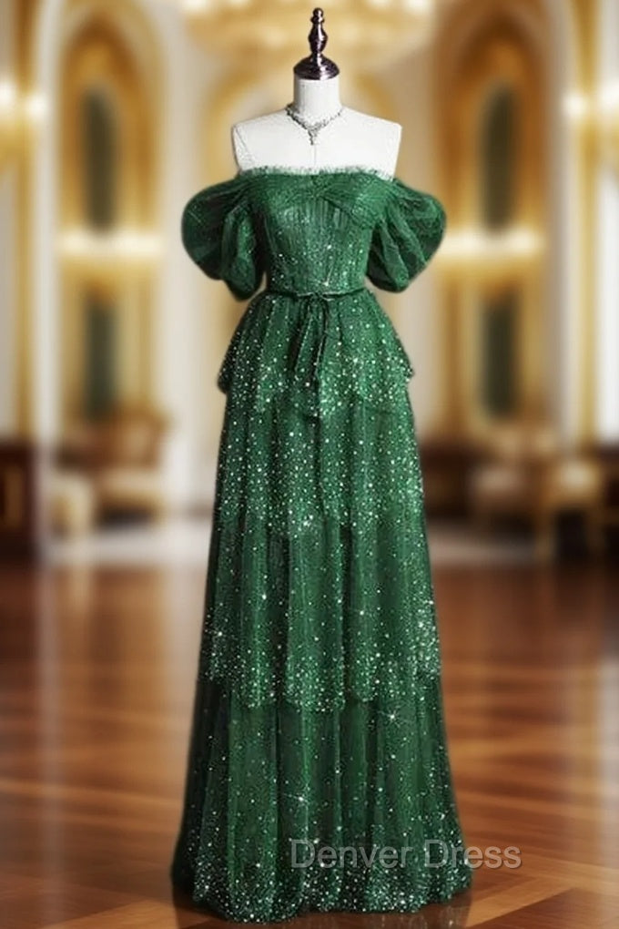 Dark Green A Line Off-the-shoulder Layered Shiny Tulle Prom Dresses Main image