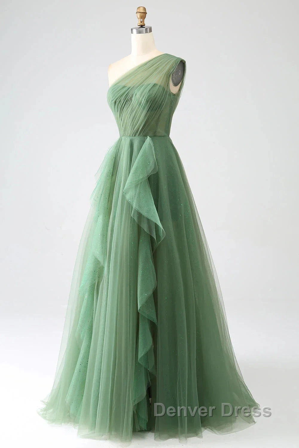 Dark Green A-Line One-Shoulder Sequins Tulle Long Prom Dresses Secondary image