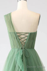 Dark Green A-Line One-Shoulder Sequins Tulle Long Prom Dress