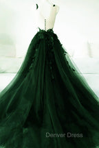 Dark Green A-Line Open Back Tulle Lace Floral Formal Dresses, Green Long Prom Dresses