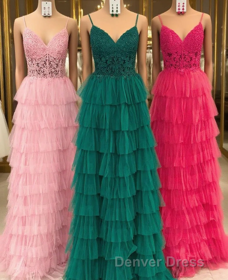 Dark Green A-Line Tiered Tulle Long Prom Dresses with Lace