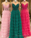Dark Green A-Line Tiered Tulle Long Prom Dresses with Lace
