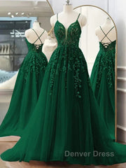 Dark Green A-Line Tulle Lace Long Prom Dresses V Neck Lace Formal Evening Dresses