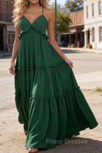 Dark Green A-line V Neck Sleeveless Floor-Length Chiffon Prom Dress Long Prom Dresses Backless with Pleated Ruffles