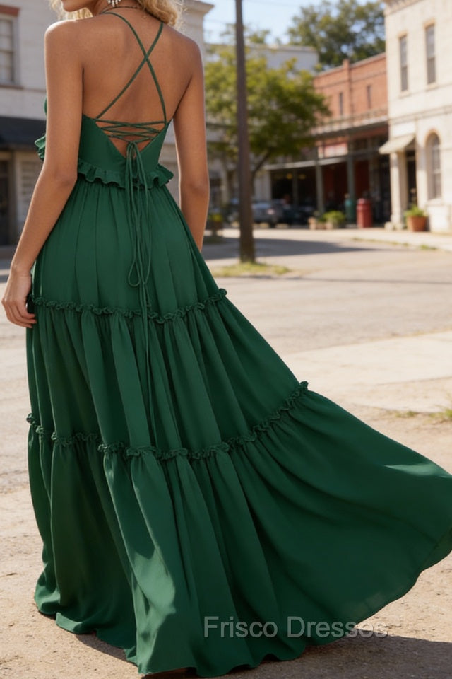 Dark Green A-line V Neck Sleeveless Floor-Length Chiffon Prom Dress Long Prom Dresses Backless with Pleated Ruffles