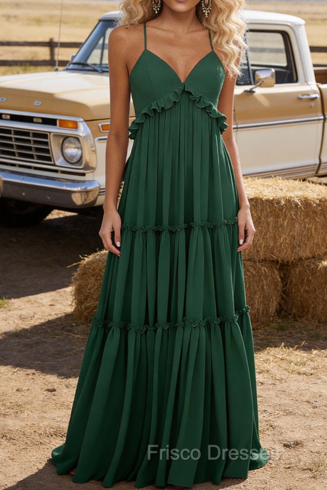 Dark Green A-line V Neck Sleeveless Floor-Length Chiffon Prom Dress Long Prom Dresses Backless with Pleated Ruffles Main image