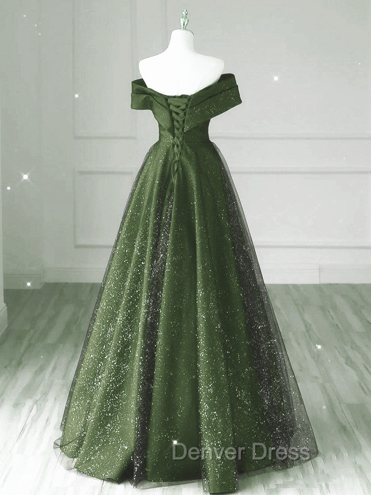 Dark Green and Black A-line Satin Long Party Dresses, Simple Long Prom Dresses