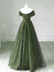 Dark Green and Black A-line Satin Long Party Dress, Simple Long Prom Dress