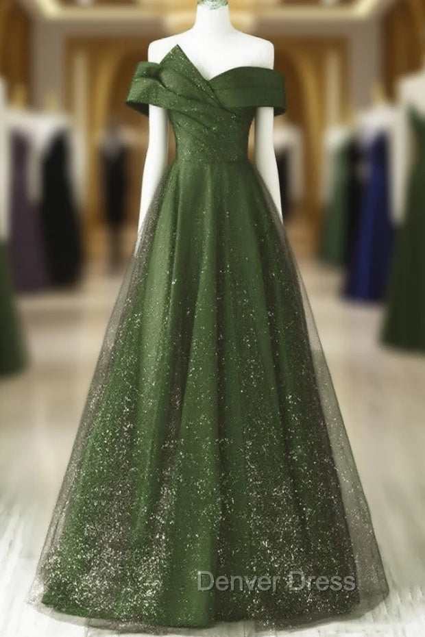 Dark Green and Black A-line Satin Long Party Dresses, Simple Long Prom Dresses Main image