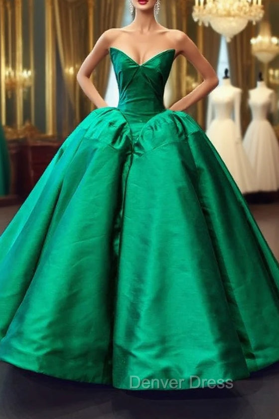 Dark Green Ball Gown Satin Sweetheart Floor Length Luxury Prom Dresses Main image
