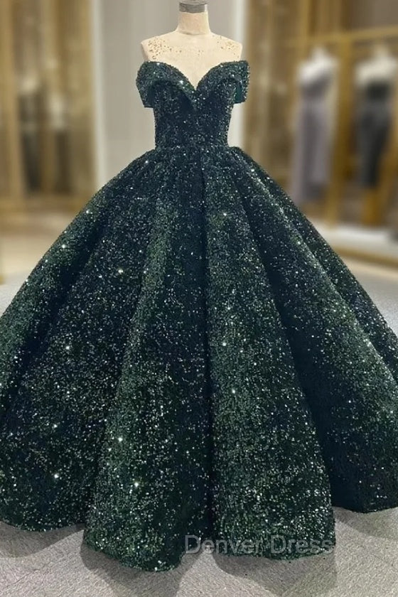 Dark Green Ball Gown Sequins Off the Shoulder Prom Dresses