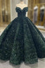 Dark Green Ball Gown Sequins Off the Shoulder Prom Dresses