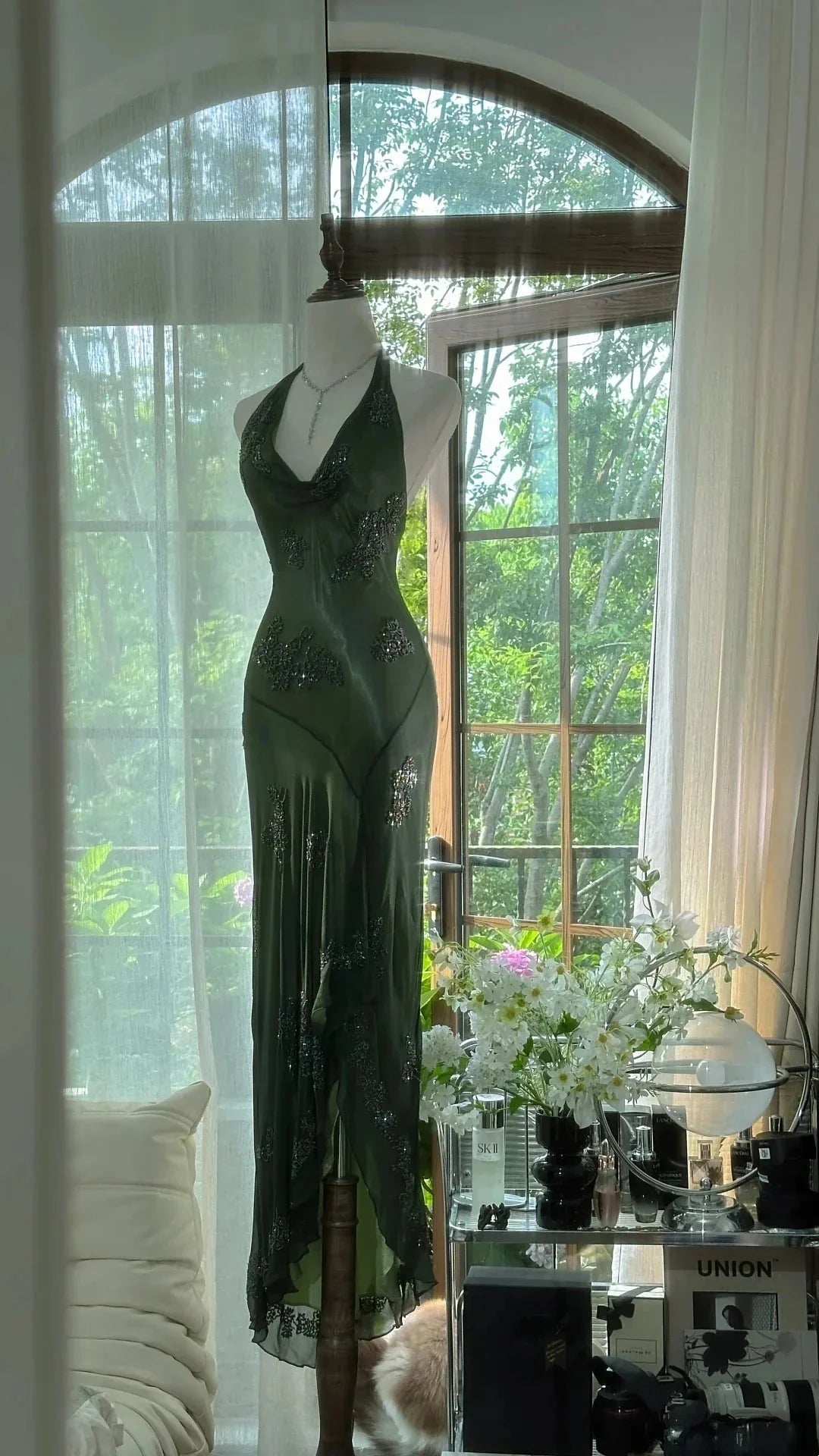 Dark Green Beaded Elegant Long Chiffon Ball Gowns Prom Dress