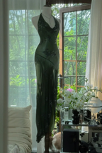 Dark Green Beaded Elegant Long Chiffon Ball Gowns Prom Dress