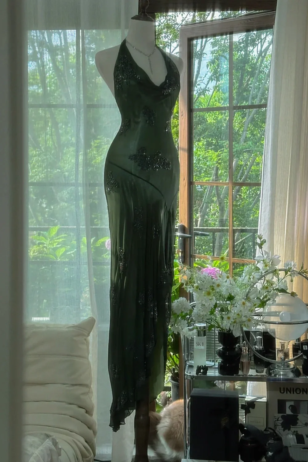 Dark Green Beaded Elegant Long Chiffon Ball Gowns Prom Dress