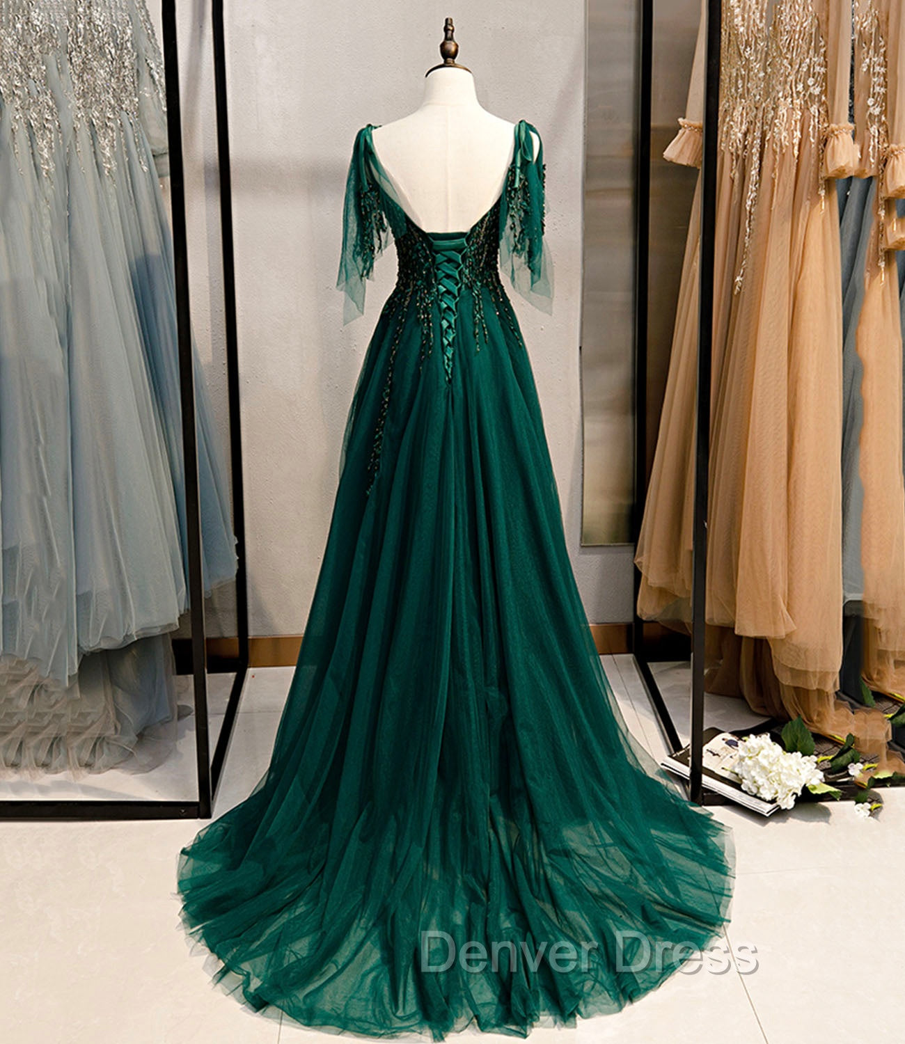 Dark Green Beaded Tulle Straps A-line Formal Dresses, Green Evening Dresses Prom Dresses Secondary image