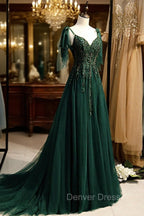 Dark Green Beaded Tulle Straps A Line Prom Dress, Green Prom Dress
