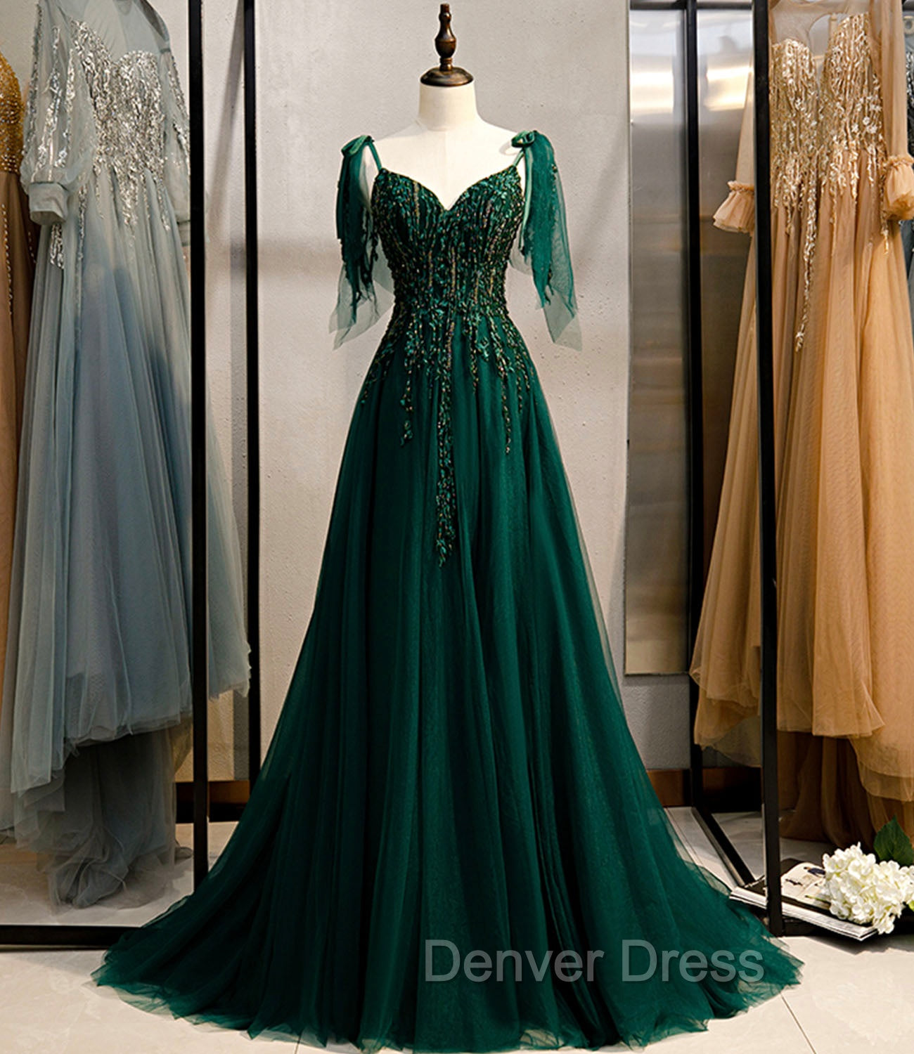 Dark Green Beaded Tulle Straps A-line Formal Dresses, Green Evening Dresses Prom Dresses