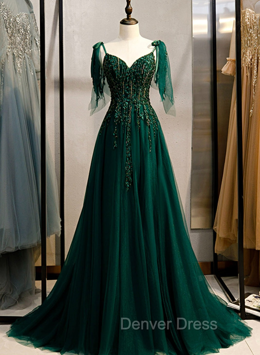 Dark Green Beaded Tulle Straps A-line Formal Dresses, Green Evening Dresses Prom Dresses Main image