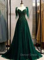 Dark Green Beaded Tulle Straps A-line Formal Dresses, Green Evening Dresses Prom Dresses