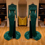 Dark Green Beadings Pearl Long Sleeves Prom Gown Mermaid Prom Dresses With Slit