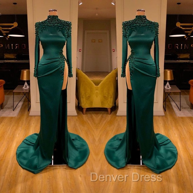 Dark Green Beadings Pearl Long Sleeves Prom Gown Mermaid Prom Dresses With Slit
