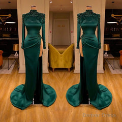 Dark Green Beadings Pearl Long Sleeves Evening Gowns Mermaid Prom Dress With Slit